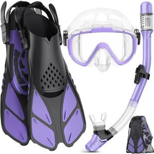 Ubekezele Snorkeling Gear for Adults Men Women, 4 in 1 Snorkel Set with Panoramic View Diving Mask Anti-Fog Anti-Leak, Dry Top Snorkel, Fins and Travel Bag for Swimming, Snorkeling and Travel Diving, Size: ML/XL