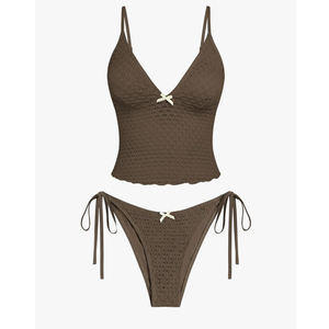 ZAFUL Tankini Swimsuits for Women Lace Jacquard Bowknot Decor Tummy Control High Cut Tanga Tankini Set, Size M