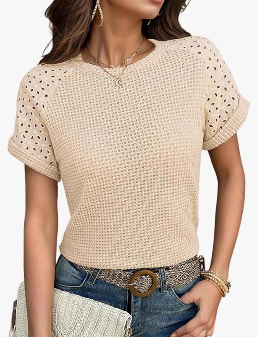 Women's Waffle Knit Tops Going Out Short Sleeve T Shirts Trendy Summer Tunic Casual Hollow Out Crochet Blouses, L