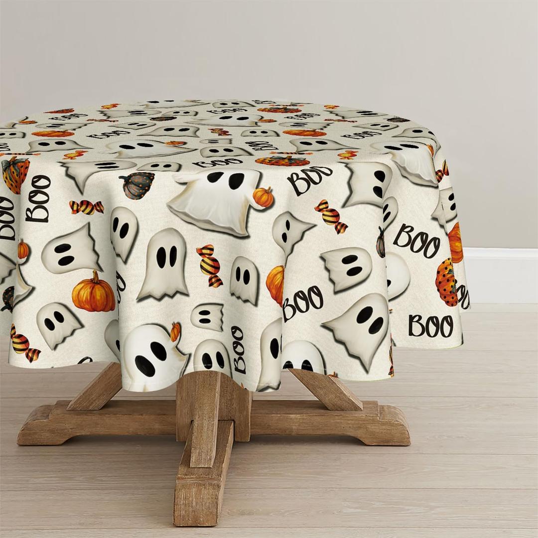 Horaldaily Halloween Tablecloth 60x60 Inch Round, Ghost Pumpkin Candy Washable Seasonal Table Cover for Party Picnic Dinner Decor (Beige)