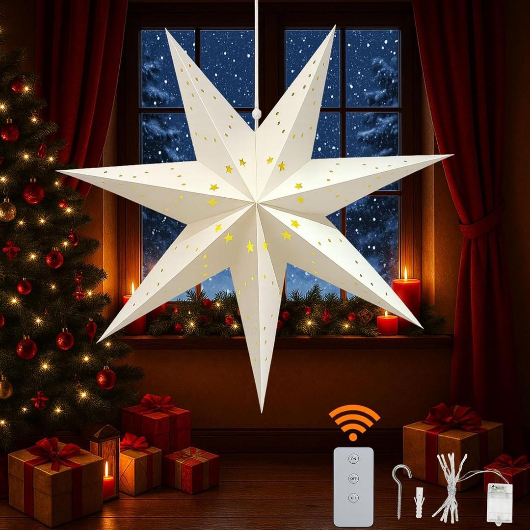 23" Paper Star Lantern with LED Lights, 7-Point Hanging Star Light for Christmas, Advent, Wedding, Birthday Classic White 3D Paper Lantern with Remote for Indoor Outdoor Decor