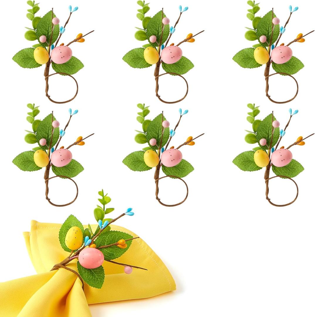 APTWOW Easter Napkin Rings Set of 6 - Farmhouse Eggs Napkin Holder, Spring Eucalyptus Leaf Napkin Rings for Holiday Birthday Wedding Party Banquet Easter Table Decor
