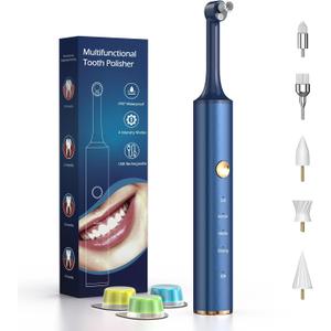 Tooth Polisher, Tooth Whitening Kit for Teeth Cleaning and Whitening, Rechargeable Teeth Polisher for People/Pets,Teeth Cleaning Kit with 5 Brush Heads,4 Speed Modes and LED Light, Waterproof(Blue)