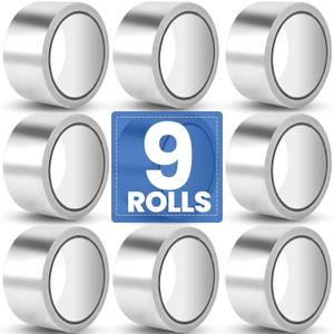9 Pack Aluminum Foil Tape, 3.9 mil 2" x 450 Feet Total Silver High Temperature Tape, Metal Tape, Insulation Foil Tape for Ductwork, HVAC, Dryer Vent, Seal