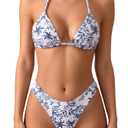 MakeMeChic Women's Polka Dots Triangle Thong Bikini Sets Floral Cute Bathing Suit Swimsuits S