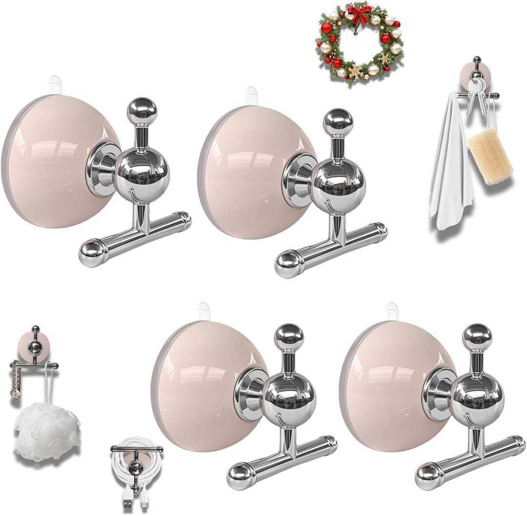 T-Bar Suction Cup Hooks for Shower - Suction Cup Wreath Hanger for Front Door, Reusable, Multifunctional Hooks for Bathroom Window Door Glass Kitchen (Pink, 4-Pack)
