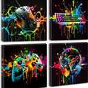 Gamer Room Decor for Boys - Game Wall Art Graffiti Gamepad Earphone Canvas Print Pictures Cool Video Gaming Poster Street Pop Men Cave Teen Bedroom Dorm Playroom Home Artwork Framed 12"X12"X4 Panels