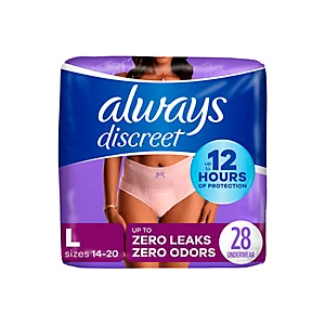 Always Discreet Adult Diapers for Women, Incontinence Underwear, Postpartum Essentials, Disposable Briefs, Max Absorbency, Bladder Leak Protection, Large, 28ct