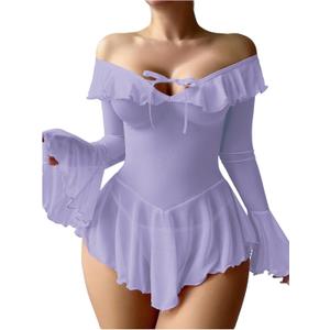 OYOANGLE Women's 2 Piece Off Shoulder Long Sleeve Ruffle Mesh Sheer Nightgowns with Thongs Babydoll Lingerie Set (Purple, S)