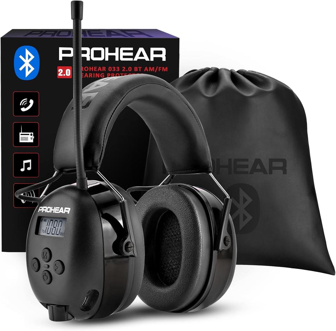 PROHEAR 033 Upgraded Bluetooth 5.4 Hearing Protection Headphones with FM/AM Radio - 25dB NRR Safety Earmuffs, Rechargeable, 48H Playtime for Mowing, Workshops, and Snowblowing, Black