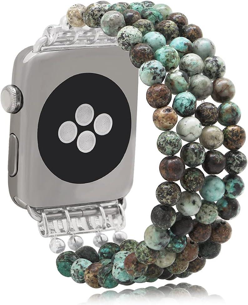 KAI Top Beaded Bracelet Compatible with Watch Band 38mm/ 40mm/ 41mm for Women Girls, African Turquoise Natural Stone Beaded Elastic Replacement Stretch Strap for iWatch Series SE Series 7/ 6/ 5/ 4/ 3/ 2/ 1