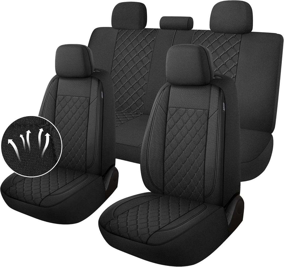 YGL Breathble Car Seat Covers Full Set,Washable Seat Covers for Cars,Premium Cloth Car Seat Protectors,Interior Covers for Cars,Sedan Van Truck SUV(Black)