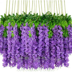 Wisteria Hanging Flowers 24 Pack Artificial Flowers Fake Wisteria Vine Rattan Hanging Garland Silk Flowers String for Party Home Wall Greenery Wedding DecorPurple