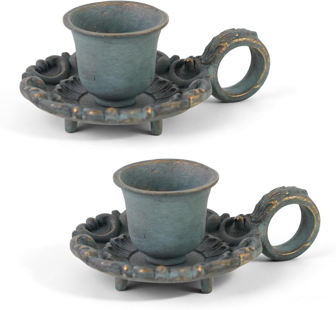 NIKKY HOME Mini Taper Candle Holders Set of 2, Rustic Metal Candlestick for Table Centerpieces, Wedding Decor and Dinner Party, Blue