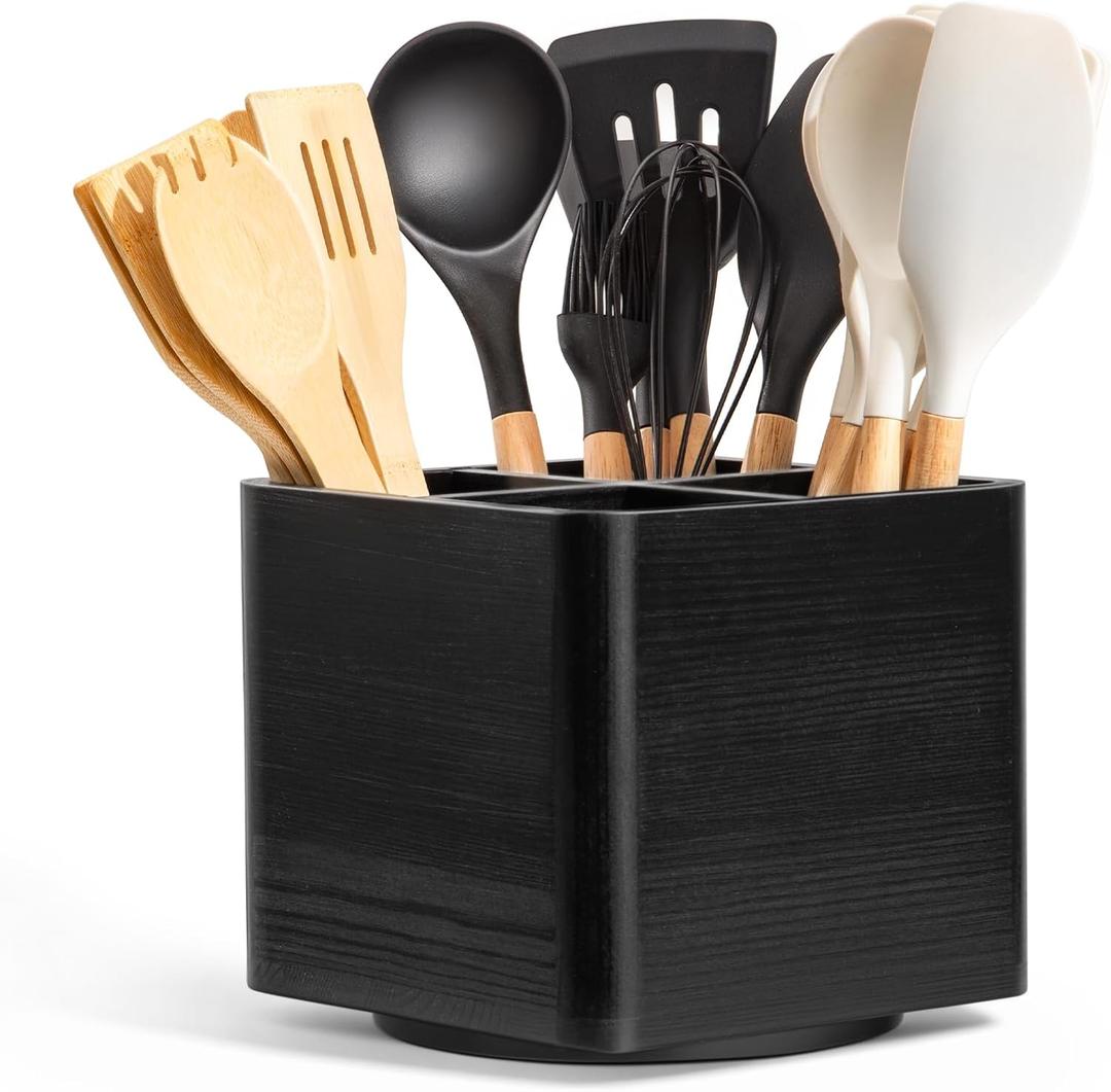 Extra Large Rotating Utensil Holder for Kitchen Counter, Large Wooden Utensil Holder with 4 Compartments, Black