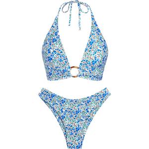 ZAFUL O Ring Halter Bikini Sets for Women High Cut Swimsuits Trendy 2 Piece Bathing Suits (Medium, 1-blue Floral)