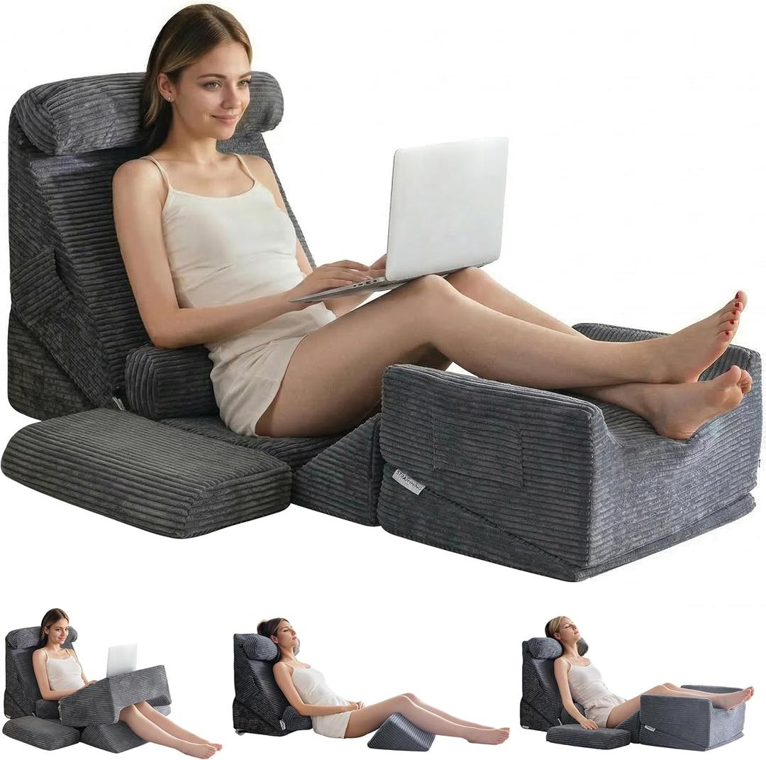 HIGOGOGO 10PCS Orthopedic Bed Wedge Pillow Set  Adjustable Soft Foam Body Positioners for After Surgery Recovery, Back & Leg Pain Relief, Sitting Up in Bed, Acid Reflux & GERD, Dark Grey