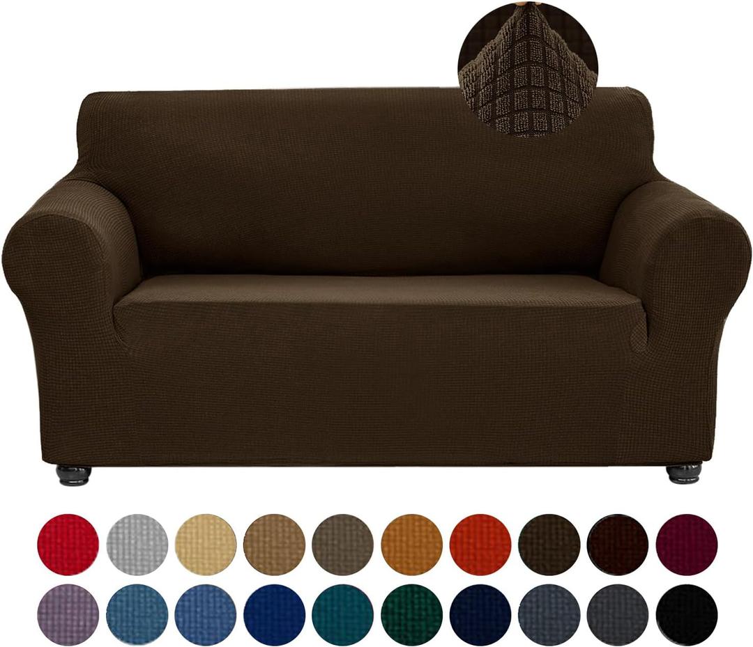 Joccun Stretch Loveseat Couch Cover Slipcover, 1-Piece Sofa Cover for 2 Cushion Couch Spandex Jacquard Washable Furniture Protector Cover for Living Room,Kids,PetsLoveseat,Seal Brown