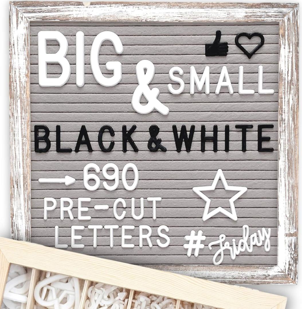 Little Hippo Grey Felt Letter Board Sign 10x10 Inch with 690+ PRE-Cut Letters - Rustic Wood Message Board with Letters and stand, Baby Announcement Sign, Back to School Felt Board (Gray (Rustic Frame))