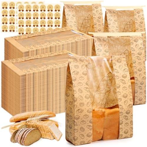 Feifeiya 250 Pack Kraft Paper Bread Bags for Homemade Sourdough Bread Bag with Clear Window 13.7 x 8.2 x 3.5 Large Bakery Packaging for Treat Storage Gift Giving with Seal Sticker