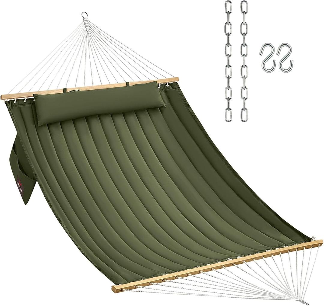 CHULIM Double Quilted Fabric Hammock with Hardwood Spreader Bars and Pillow 450 LBS Capacity 2 Person Large Hammock for Outdoor Patio Backyard Poolside - Green
