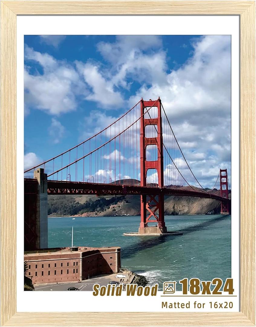 LUCKYLIFE 18x24 Frame Natural Wood, Display 16x20 with Mat or 16x24 Without Mat, Wall Hanging Poster Frames with Plexiglass Sheets, 1 Pack, Natural
