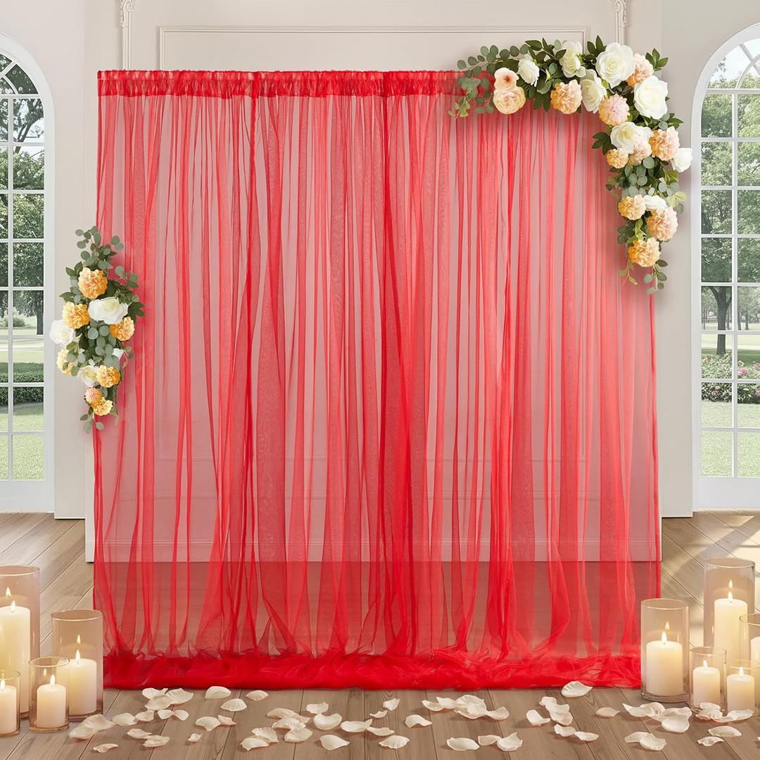 SiinvdaBZX 10FT x 10FT Tulle Backdrop Curtains, Red Sheer Tulle Wedding Drapes Photo Background Fabric Decor for Bridal Shower Birthday Party Baby Shower Reception Photo Shoot (5Ftx10Ft (2 Panels))