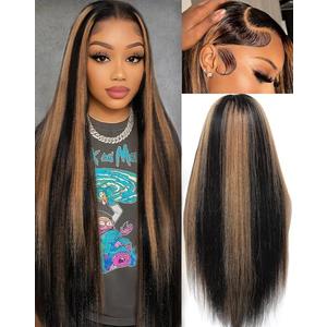 KUKIM 28 Inch Ombre Straight Wigs Human Hair 13x6 HD Transparent Lace Front Wigs Human Hair Pre Plucked 200 Density Highlight Real frontal Wig Can Last 6-9 Months Tangle-Free Natural Black for Women