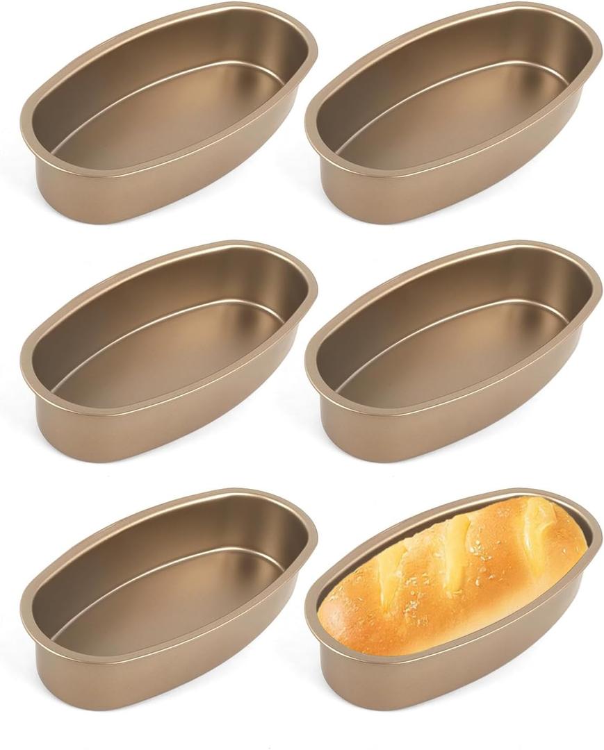 Oval Cheesecake Pan, 6 Pcs Non Stick Baking Pans Aluminum Breads Loaf Pans, Loaf Baking Pan For Cake, Cheesecake Tiramisu, Fruitcake, 9 Inch (Gold)