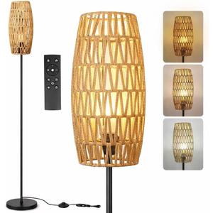 Ruiever Floor Lamp for Living Room,Farmhouse Floor lamp,Modern Standing Lamp with Hand-Worked Rattan Shade (Drum Shade-with Remote)