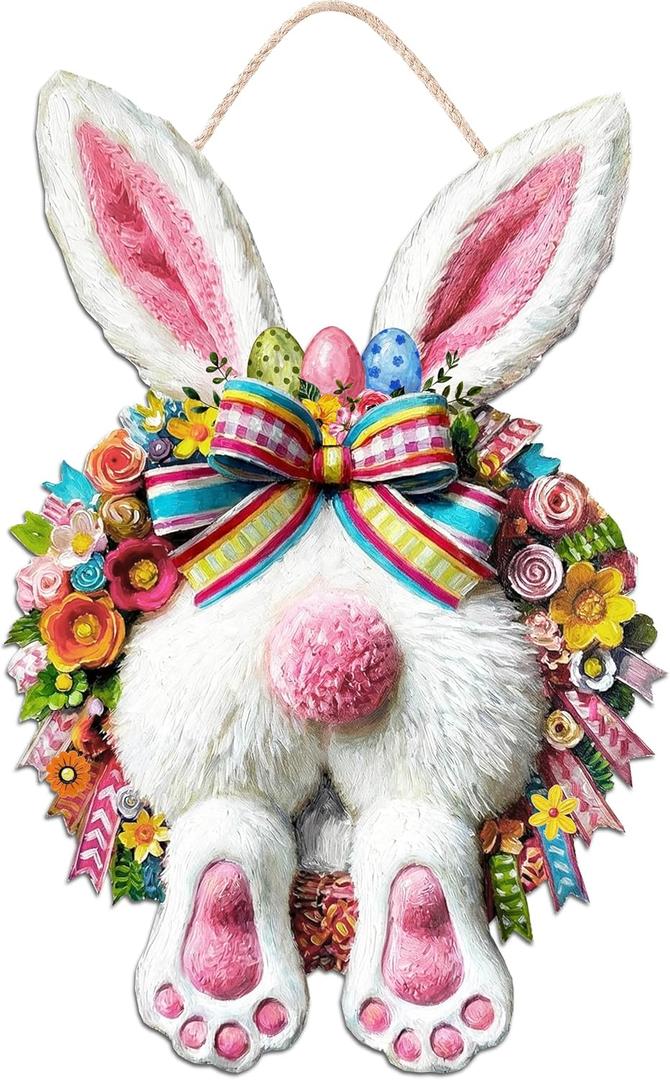 Easter Decoration Wooden Door Wreath for Front Door Sign Cute Bunny Wooden Door Hanger Rabbit Spring Decoration, Cute Bunny Flower Egg Welcome Hanging Sign for Outdoor Indoor Home Wall Decor