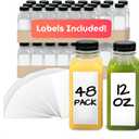 Reli. Plastic Juice Bottles [48 Pack, 12 oz] Square Bottles with Caps & Sticker Labels | Clear, BPA-Free, Disposable & Reusable Containers for Juicing, Smoothies