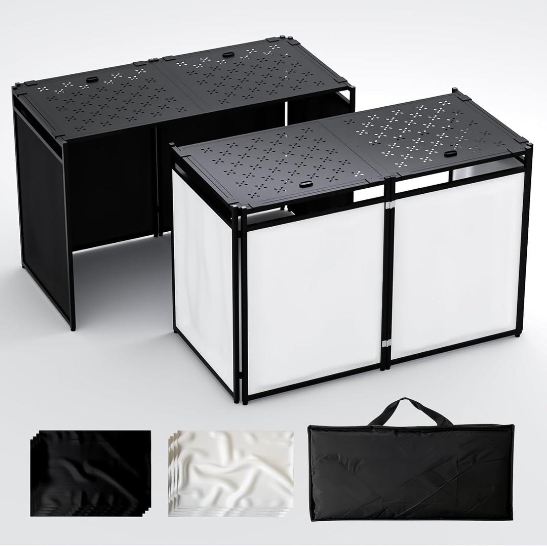 RDCMKL Portable DJ Booth Table Stand with 2-Height Adjustable Top Board, All-Iron Heavy Duty DJ Facade for Events, Includes 8 Scrims, Travel Bag, and 4 Leveling Legs, 54x27x45 Inches