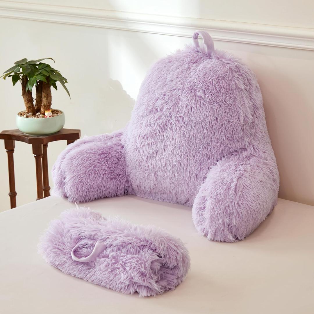 XeGe Fluffy Back Support Pillow Cover for Bed (No Filler), Light Purple Faux Fur Backrest Pillowcase, Lilac Furry Reading Pillow with Arms for Adults Kids, Fuzzy Sit Up Study Pillow, Lavender (Large)