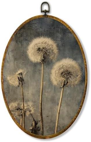 Hiuwevt Vintage Country Dandelion Floral Oval Wall Art Decor, Rustic Farmhouse Framed Canvas Prints, Dark Moody Botanical Oval Wall Hanging Decor for Bedroom Living Room Decorations, 8.6x11.4 Inches