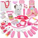 33Pcs Pet Doctor Kit for Toddlers, Pretend Vet Play Set with Cat Toy, Stethoscope, Dress Up Costume & Carrying Bag, Role Play Toys, Christmas Birthday Gifts for Ages 3 4 5-8 Year Old Boys Girls, Pink with Cat Toy