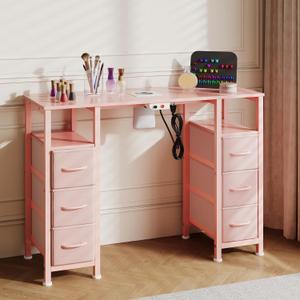 Manicure Table Nail Desk for Nail Tech, Nail Beauty Table w/Electric Dust Collector & 6 Storage Drawers & Open Shelves for Home, Workshop, Makeup Beauty Salon Workstation (Pink), 15.74"D x 43.3"W x 31.5"H