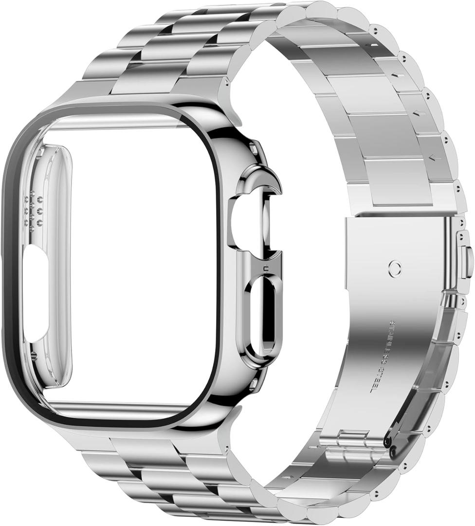 iiteeology Compatible with Apple Watch Band Ultra 3 Ultra 2 Ultra, Upgraded Stainless Steel Band with iWatch Screen Protector Case for Men Silver/Silver