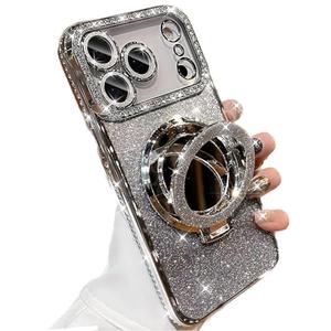 AuroiCCY for iPhone 17 Pro Magnetic Kickstand Case, [Compatible with Magsafe] Shockproof Glitter Cute Bling Cover Makeup Mirror Ring Holder Camera Protector for Girls Woman for iPhone 17 Pro, Silver