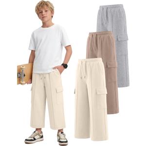 3 Pack Boys Capri Pants Drawstring Elastic Waisted Teens Cargo Joggers Pull on Casual Sweatpants with Pockets