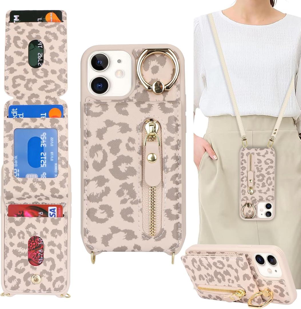 for iPhone 12 Mini Case with Card Holder for Women, for iPhone 12 Mini Phone Case Wallet with Strap Credit Card Slots Crossbody with Kickstand Zipper Case - Rice Leopard