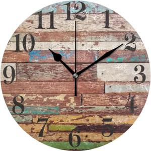 10 Inch Round Wall Clock Wood Old Retro Vintage Wooden Home Art Decor Non-Ticking Numeral Clock for Home Office