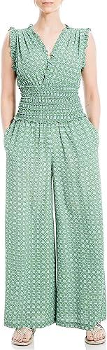 Max Studio Women's V-Neck Smocked Waist Jumpsuit, Green/Blue Deco Clover, Large, Green/Blue Deco Clover
