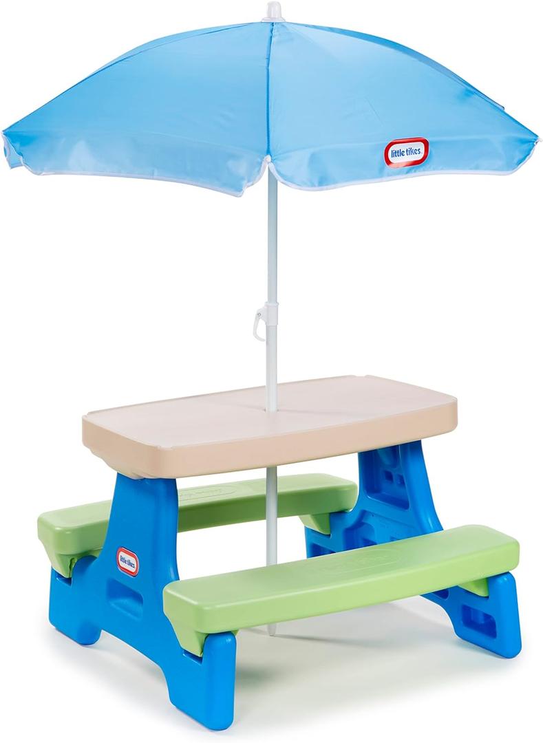 Little Tikes Easy Store Jr. Picnic Table with Umbrella - Blue / Green, 27.25''L x 27.00''W x 18.25''H