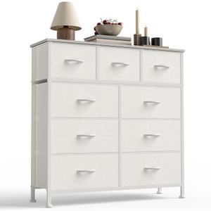DUMOS 9 Drawer Dresser for Bedroom, Fabric Storage Organizer with Sturdy Metal Frame, Wooden Top Chest of Drawers for Closet Entryway Guest Room,White