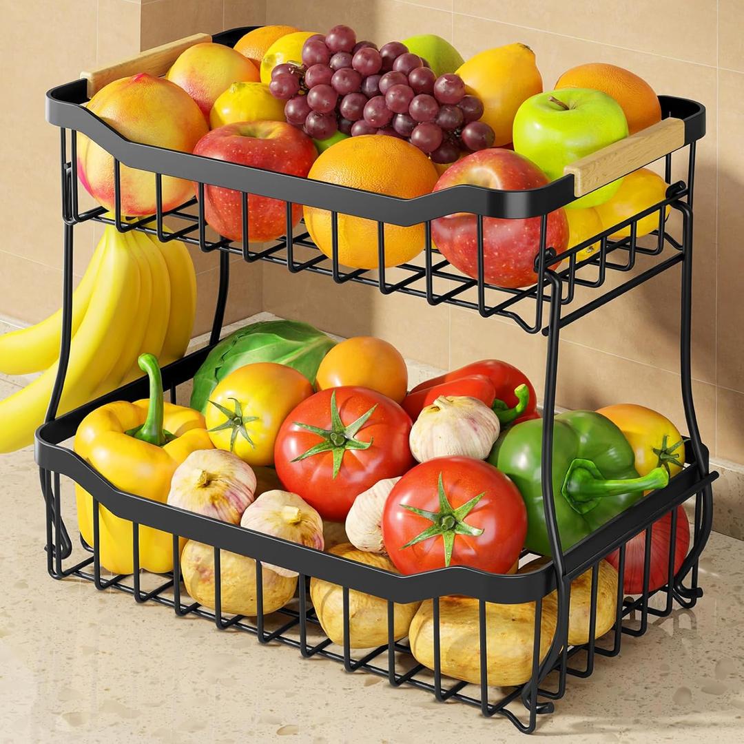 Fruit Basket for Kitchen Counter - 2 Tier Detachable Fruit Vegetable Basket with Banana Hanger, Metal Countertop Fruit Stand with Wooden Handle, Black, 8.5" D x 12.4" W x 12.3" H