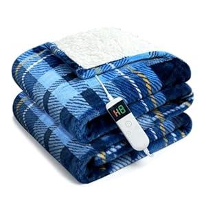Electric Blanket Heated Throw, Soft Flannel 50"x60" Plaid Heating Blanket with 8 Hours Auto Off 10 Fast Heating Levels Machine Washable Sherpa Heated Blanket with Overheating Protection (Blue)