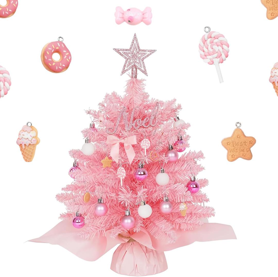 Wangchao Craft 20" Mini Pink Christmas Tree, Artificial Small Table Top Warm Lights, Star Treetop and Ornaments, Tabletop Christmas Tree for DIY Pink Christmas Decoration Gifts