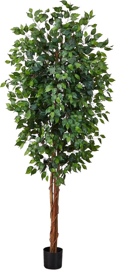 Nearly Natural 7ft Triple Trunk Artificial Ficus Tree with Natural Wood Trunks, Fake Tree For Indoor Home Decor, Faux Ficus Tree with Black Nursery Pot