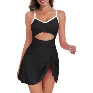 ZAFUL Women One Piece Swimdress Tummy Control Bathing Suit Push Up Swimsuit Modest Swimwear Cutout V Neck Cute Tie Knot Skirt (Large, Black Color Block)